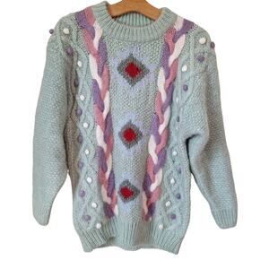Vtg 80s Pastel Green Cableknit Geometric Mohair Wool Sweater Women Size S/M